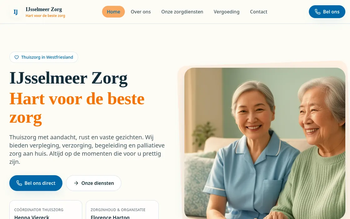 Zorgwebsite van IJsselmeerzorg met rustige informatieopbouw en duidelijke contactroute