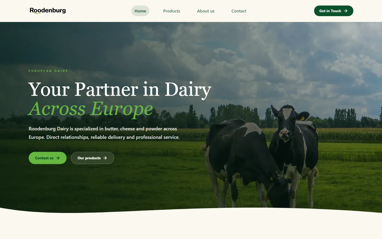 Engelstalige B2B-website van Roodenburg Dairy met duidelijke productstructuur